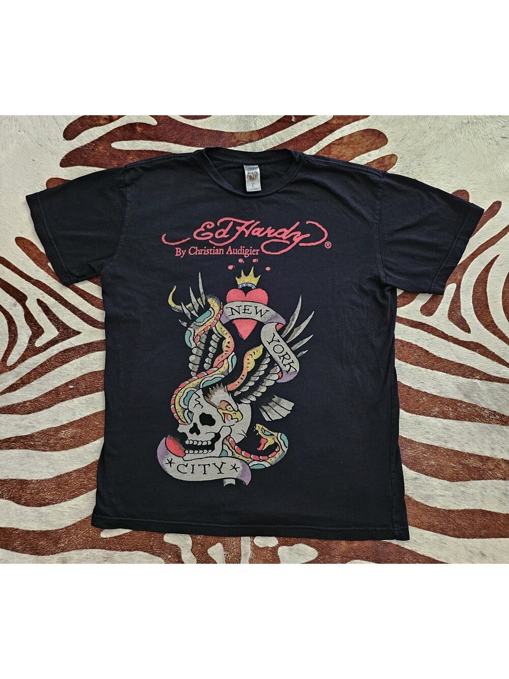 Vintage Y2K Ed Hardy New York City T-Shirt Black Eagle Skull Snake Audigier Sz L